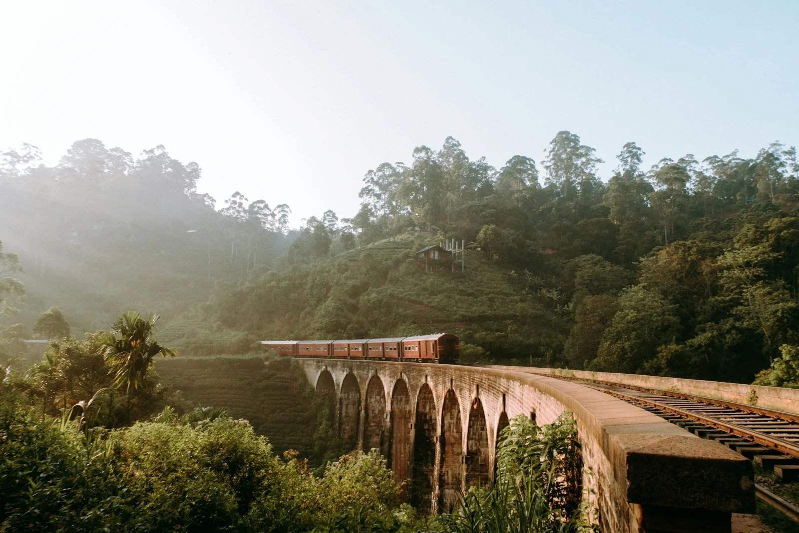 About Scenic view of Nine Arches Bridge with train passing through lush greenery in Sri Lanka.